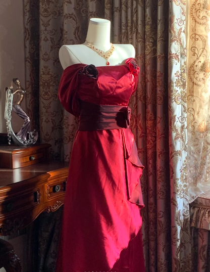 Stylish Burgundy Satin Ruffles Long Party Dress Evening Gown