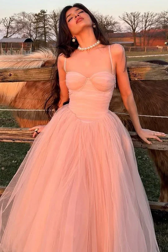 Elegant Pink Spaghetti Straps Tulle A Line Long Party Dress Wedding Guest Dress D1432
