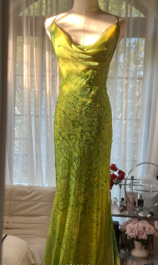 Chic Ombre Green Chiffon Beaded Mermaid Long Party Dress Formal Birthday Prom Dress D2299