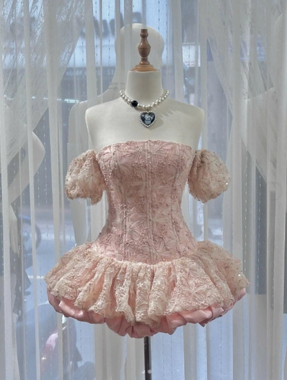 Cute Pink Strapless Lace Satin A Line Short Homecoming Dress 21st Birthday Party Dress D771
