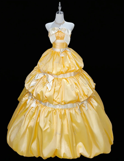 Unique Strapless Ball Gown Yellow Satin Beaded Formal Quinceanera Dress Sweet 16 Dress