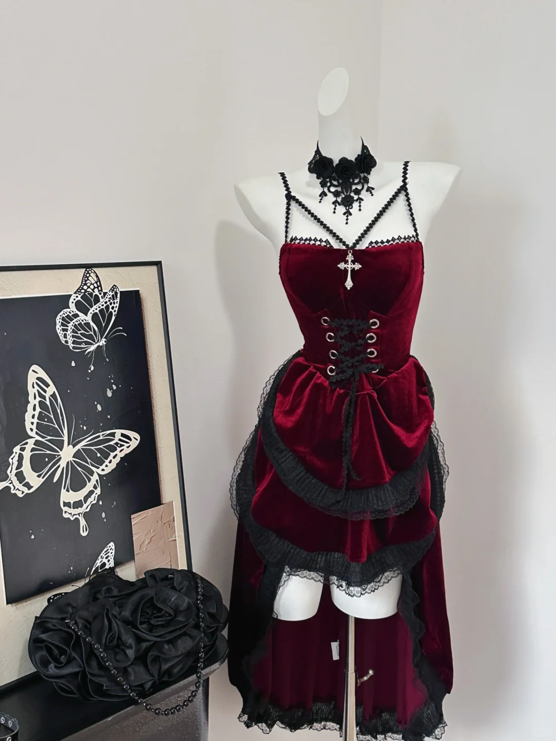 Pretty Red Velvet Lace Layered Birthday Dress Spaghetti Straps Short Graduation Homecoming Dress  S634