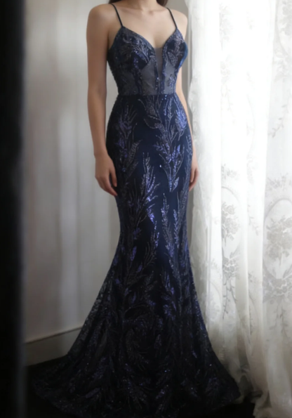 Luxurious Spaghetti Straps Tulle Sequin Mermaid Long Party Dress Navy Blue Evening Dress D2208