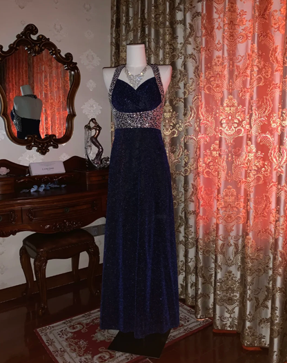 Pretty Halter Navy Blue Sequin Beaded Mermaid Long Evening Dress Birthday Party Dress D1723