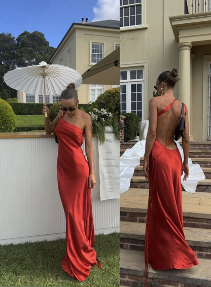 Simple Red One Shoulder Satin Backless Long Party Dress Formal Evening Gown