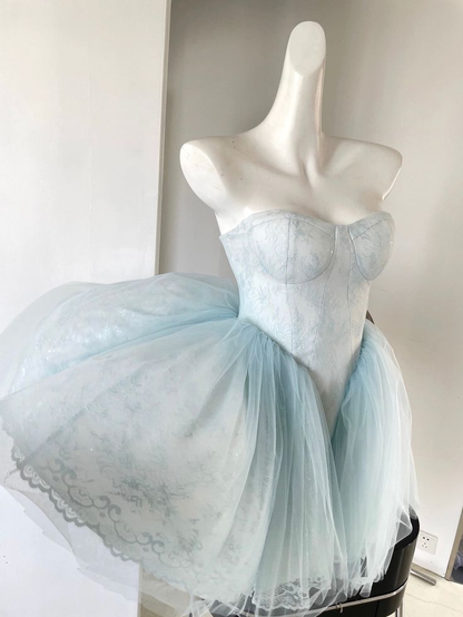 Classy Strapless Lace Tulle Cocktail Dress Blue A Line Homecoming Dress Y8838