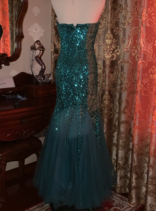 Vintage Strapless Green Tulle Sequin Mermaid Evening Dress Long Wedding Guest Dress Party Gown