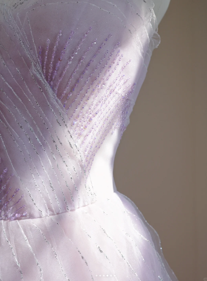 Classy Strapless Lilac Beaded Tulle Ruffles Long Birthday Prom Dress Formal Party Dress D2162