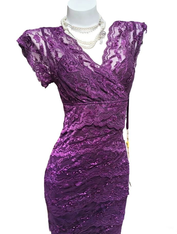 Charming Purple V Neck Lace Layered Mermaid Long Wedding Guest Dress Formal Birthday Party Dress SP1577
