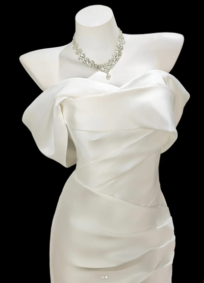 Classy White Satin Pleated Mermaid Long Evening Dress Birthday Party Dress D2353