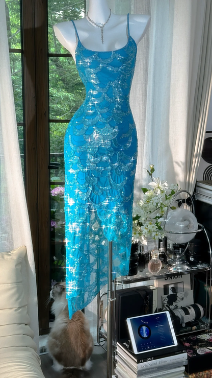 Gorgeous Spaghetti Straps Blue Chiffon Sequin Mermaid Party Dress Long Birthday Prom Gown