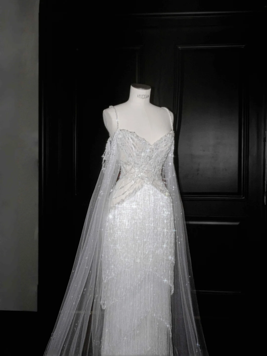 Luxury White Tulle Pearl Bead Chain Beaded Tassel Prom Dress Evening Dress,Off Shoulder Wedding Dress Y8662