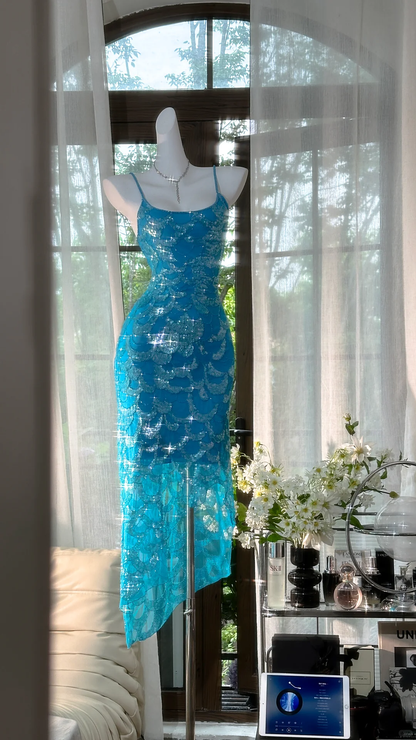 Gorgeous Spaghetti Straps Blue Chiffon Sequin Mermaid Party Dress Long Birthday Prom Gown