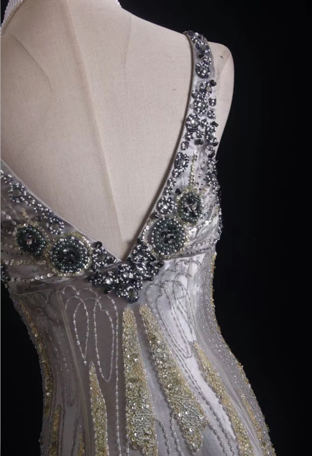 Glitter Silver Satin Sequin Beaded Mermaid Long Party Dress Formal Birthday Evening Dress D2002