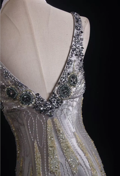 Glitter Silver Satin Sequin Beaded Mermaid Long Party Dress Formal Birthday Evening Dress D2002