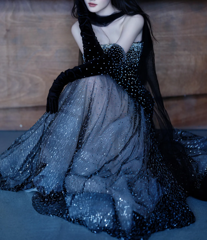 Gorgeous Black Strapless Tulle Beaded Mermaid Evening Dress Long Prom Dresses D1926