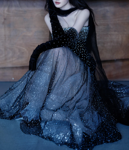 Gorgeous Black Strapless Tulle Beaded Mermaid Evening Dress Long Prom Dresses D1926