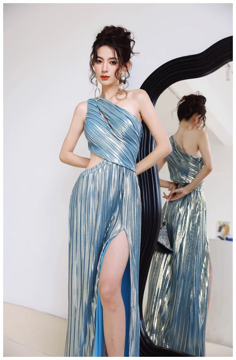 Sexy One Shoulder Satin Pleated Slit Long Wedding Guest Dress Blue Birthday Prom Dress Evening Gown