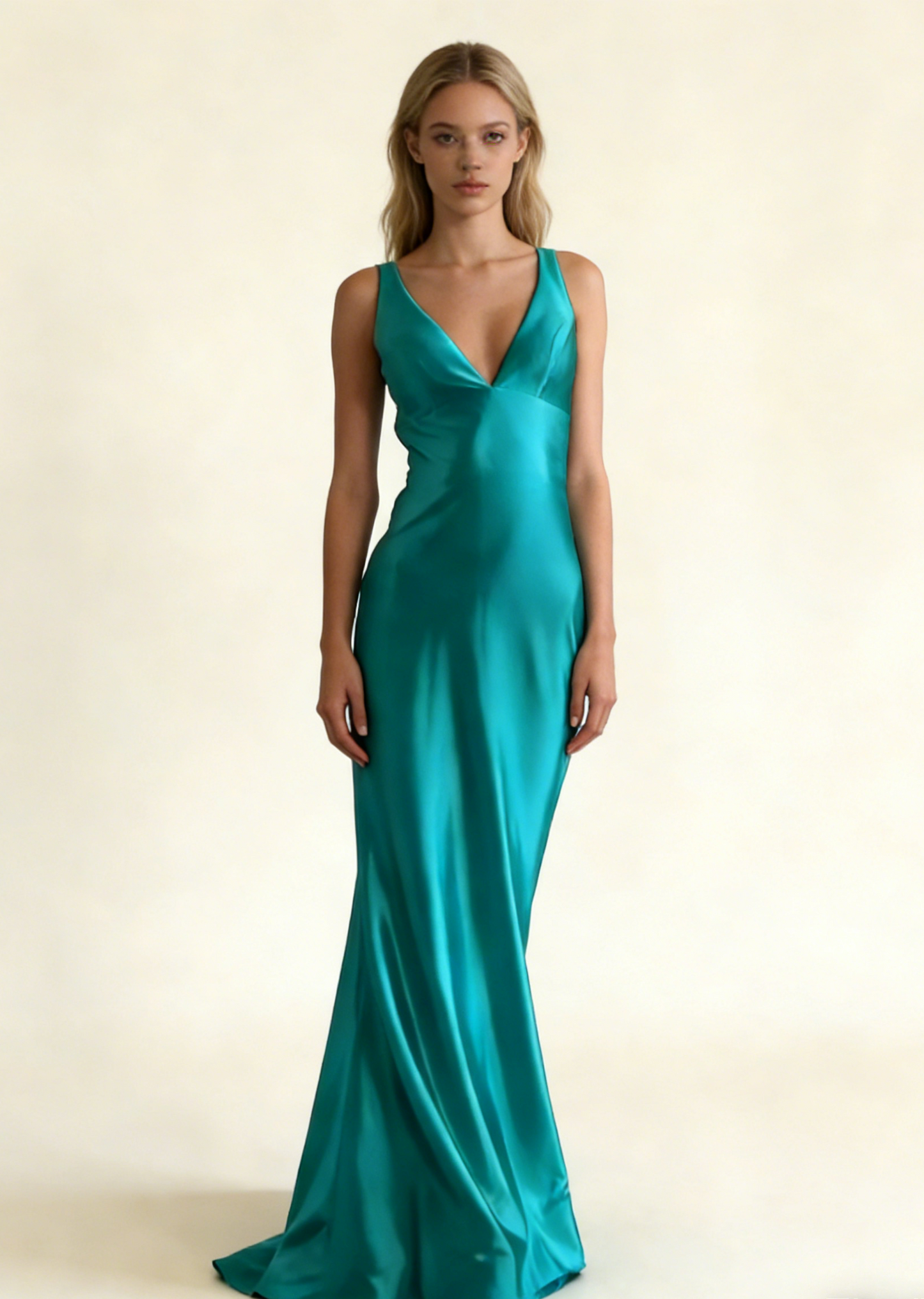Turquoise V Neck Backless Mermaid Satin Long Formal Party Dress, MD7979