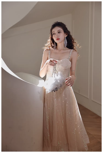 Elegant Light Champagne Tulle Sequin Beaded A Line Mid Length Birthday Prom Dress Evening Gown