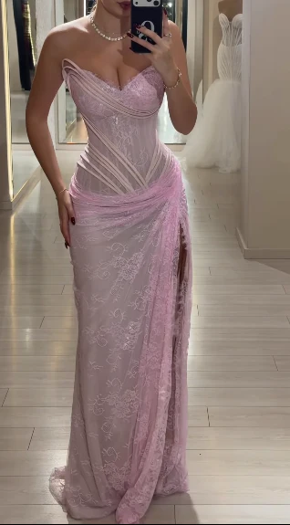 Pretty Pink Strapless Lace Pleated Mermaid High Slit Evening Dress Long Birthday Party Dress D1899