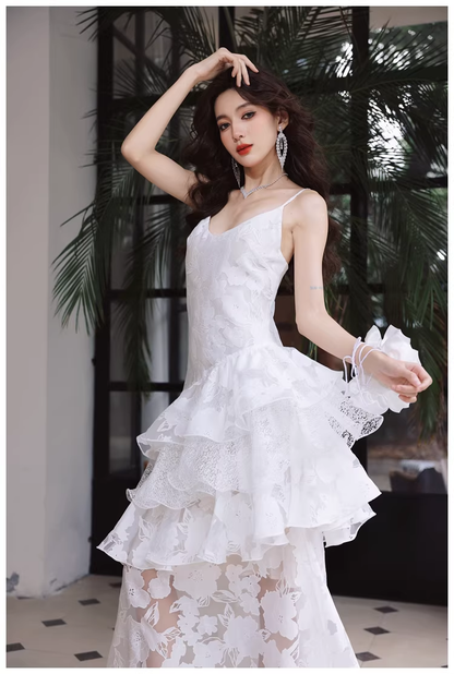 Fairy Spaghetti Strap White Lace Ruffle Layered Mermaid Long Prom Dress Evening Gowns