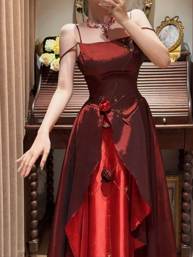 Vintage Spaghetti Straps Satin Beaded A Line Long Wedding Guest Dress,Burgundy Birthday Party Dress With 3D Flowers D2053