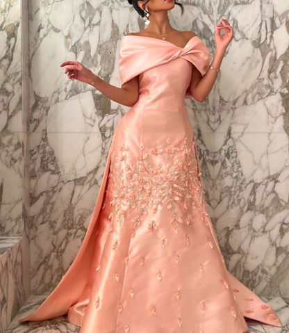 Chic Off The Shoulder Satin Beaded Appliques Pink Long Party Dress Evening Gown