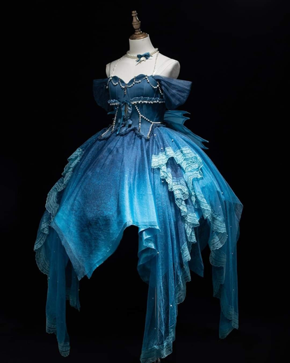 Unique Ombre Blue Sweetheart Neck Tulle Lace A Line Short Party Dress Off The Shoulder Birthday Outfits S822