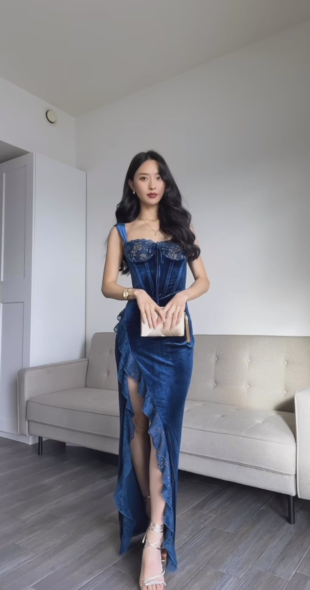 Classy Blue Velvet Lace Ruffles High Slit Long Party Dress Formal Wedding Guest Dress D1648