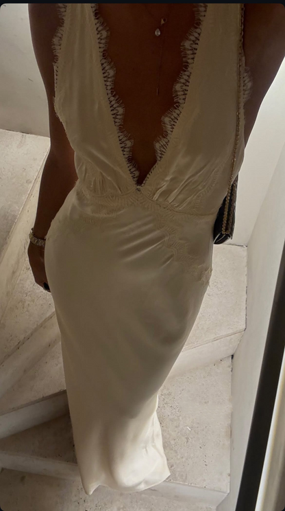 Sexy Ivory Deep V Neck Satin Lace Long Evening Dress Prom Gown SP1141