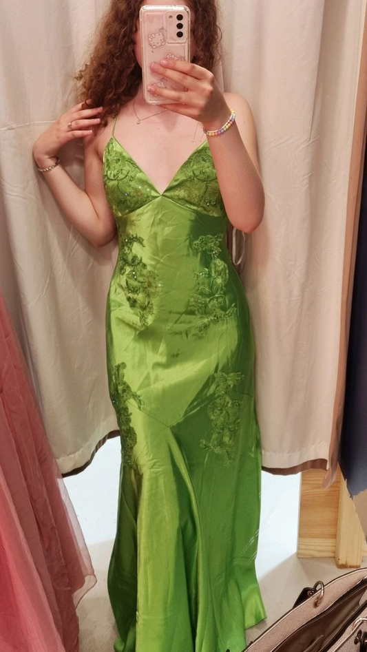 Elegant Green Spaghetti Straps Satin Appliques Beaded Mermaid Evening Dress Long Party Gown