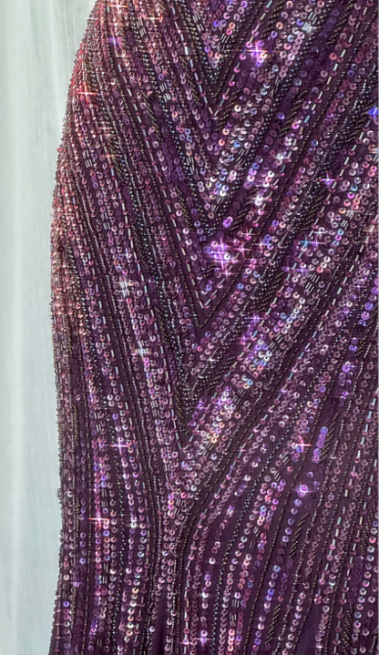 Vintage V Neck Dark Purple Chiffon Sequin Mermaid Long Party Gown Evening Dress