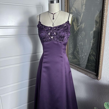 Elegant Purple Spaghetti Straps Satin Long Wedding Guest Dress Formal Birthday Party Gown