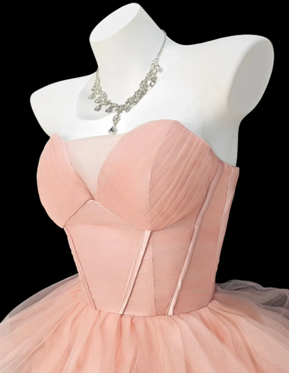 Elegant Strapless Pink Tulle Pleated Layered Long Party Dress Princess Birthday Dress D2339