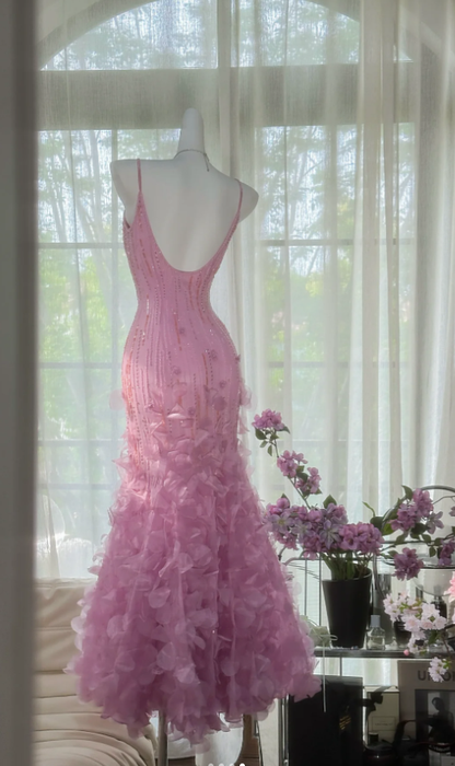 Charming Pink Spaghetti Straps Chiffon Beaded Mermaid Long Party Dress Evening Gown