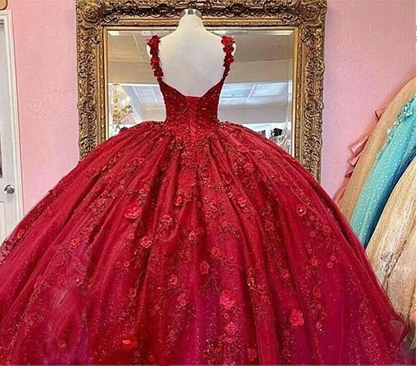 Red Quinceanera Dresses 3D Flowers Appliques Top Beaded Ball Gown Sweet 16 Dress  c2761