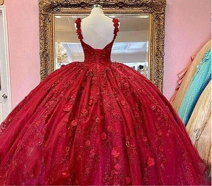 Red Quinceanera Dresses 3D Flowers Appliques Top Beaded Ball Gown Sweet 16 Dress  c2761