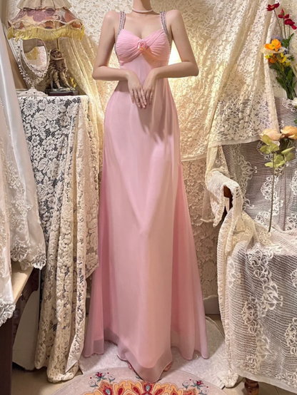 Classy Pink V Neck Chiffon Beaded Mermaid Long Wedding Guest Dress Formal Evening Dress D21119