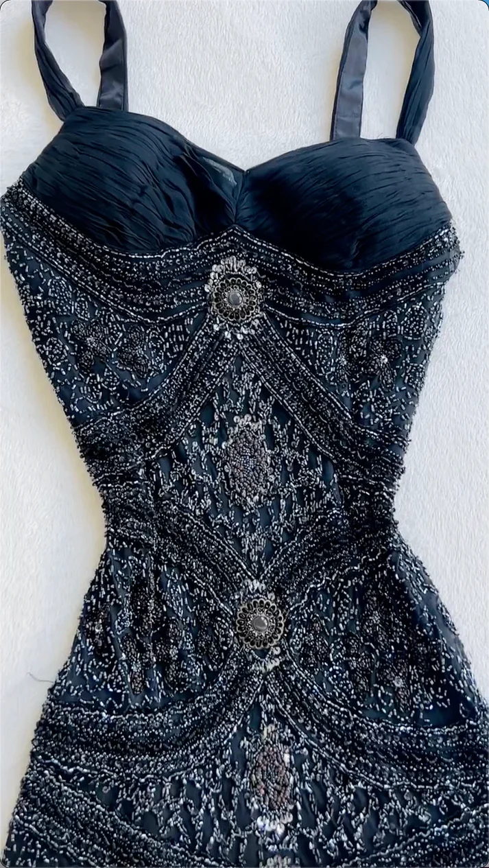 Vintage Navy Blue Spaghetti Straps Tulle Beaded Mermaid Long Evening Dress Party Gown