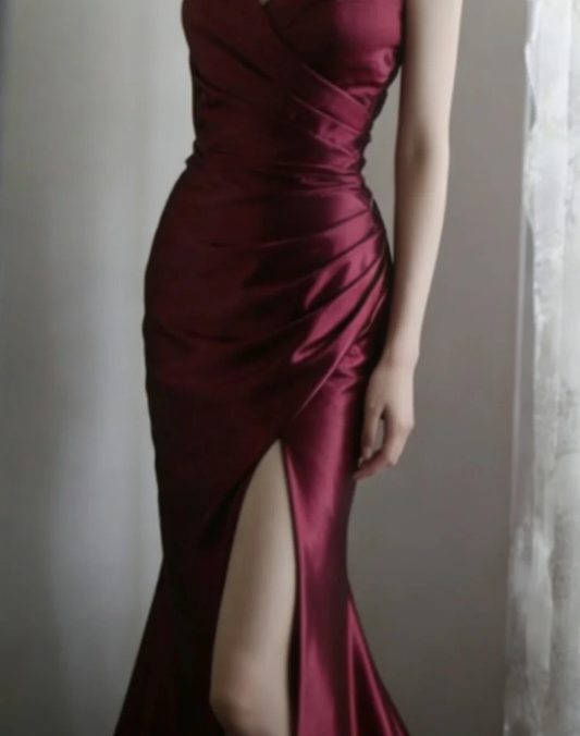 Vintage Burgundy One Shoulder Satin Pleated Long Wedding Guest Dress Formal Slit Party Dress D2325