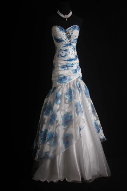 Elegant Sweetheart Neck Blue Tulle Print Floral Mermaid Long Prom Dresses Birthday Party Dress  D1516
