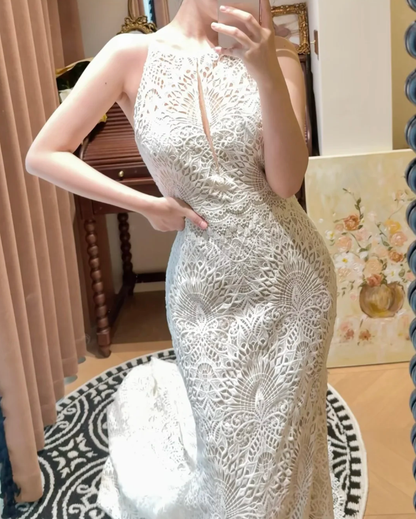 Retro Lace Sleeveless Mermaid Long Wedding Dress White Bridal Dresses D2034