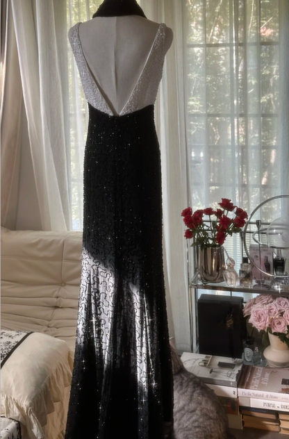 Elegant V Neck Black Chiffon Beaded Mermaid Evening Dress Long Birthday Party Gown With Scarf