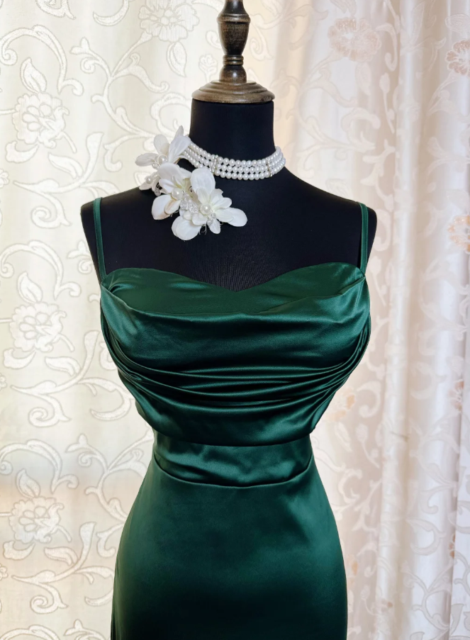 Sexy Spaghetti Straps Emerald Green Satin Sheath Long Evening Dress Formal Wedding Guest Dress SP1894