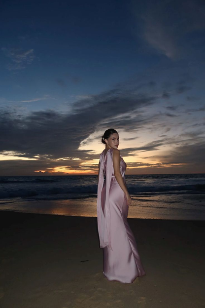 Sexy Sleeveless Pink Satin Mermaid Long Wedding Guest Dress Evening Dress With Scarf SP1301