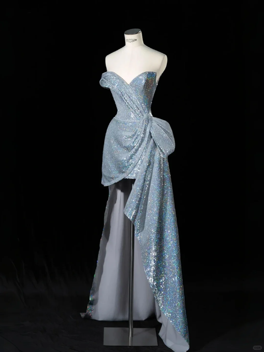 Glitter Blue Off The Shoulder Sequins Birthday Dress Formal Graduation Homecoming Dress S478