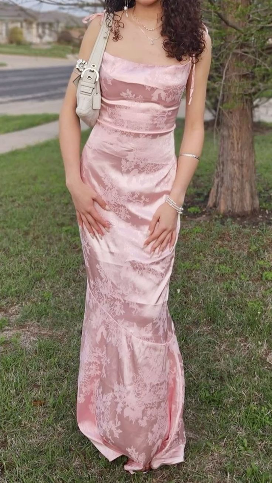 Pretty Pink Spaghetti Straps Satin Print Floral Mermaid Evening Dresses Long Party Gown