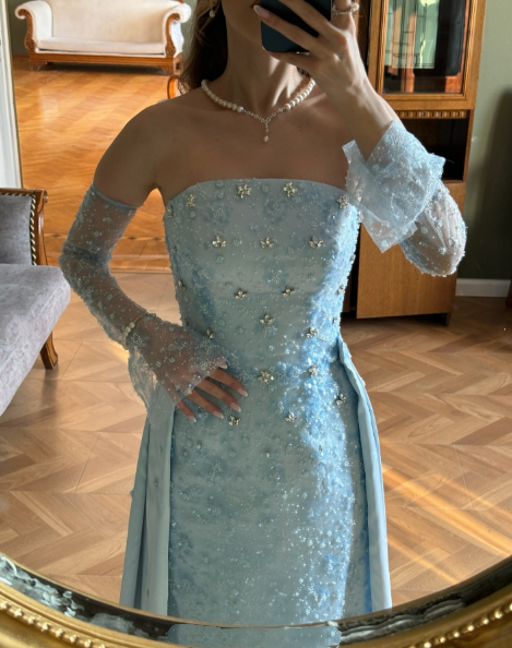 Classy Strapless Light Blue Satin Tulle Beaded Mermaid Prom Dress Long Party Gown