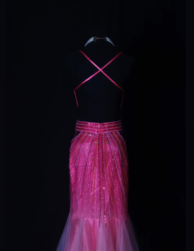 Gorgeous Spaghetti Straps Hot Pink V Neck Satin Tulle Beaded Mermaid Prom Dress Backless Long Evening Gown